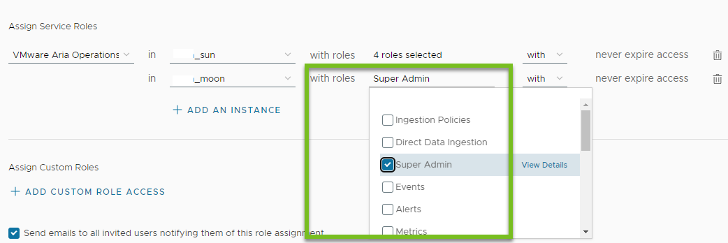 A screenshot with the Operations for Applications roles selected.