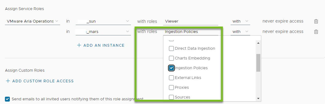 A screenshot with the Operations for Applications service instance and the Viewer and the Ingestion Policies service roles selected.