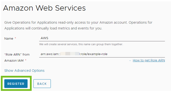Screenshot of the AWS integration's configure section. The Register button is highlighted in red.