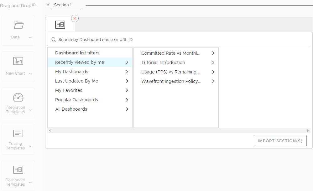 The new Dashboard Templates button allowing you to select and import dashboard sections.