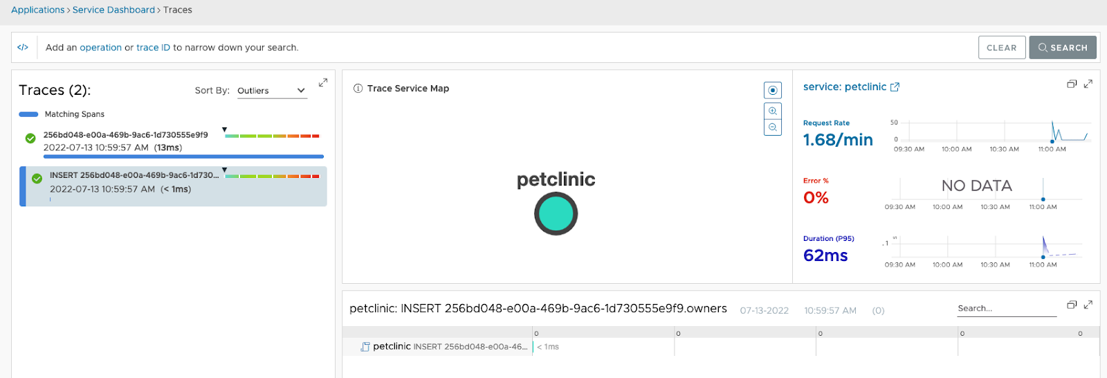 A screenshot showing the Traces Browser with the traces that were sent from the Petclinic application.