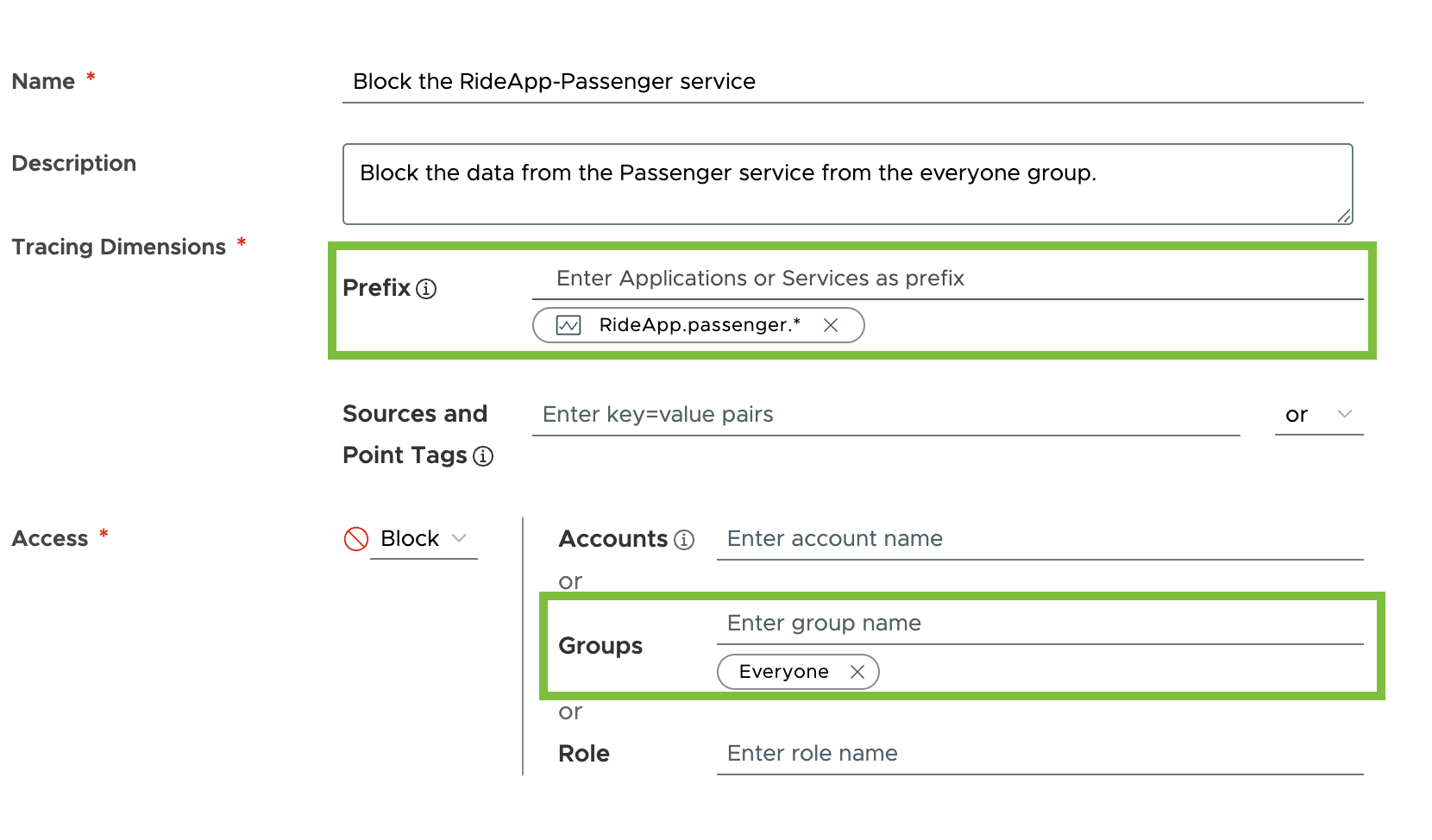 A screenshot of the traces security policy created to block the user group everyone from seeing data of the RiderApp's passenger service.