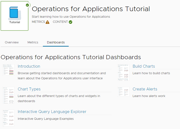 A Screenshot of the Operations for Applications Tutorial Dashboards